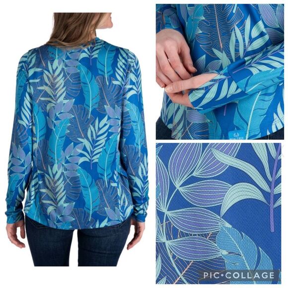 REALTREE Fishing Top Blue Leaves Print Women Size Small Long Sleeve Round Neck - Picture 2 of 8